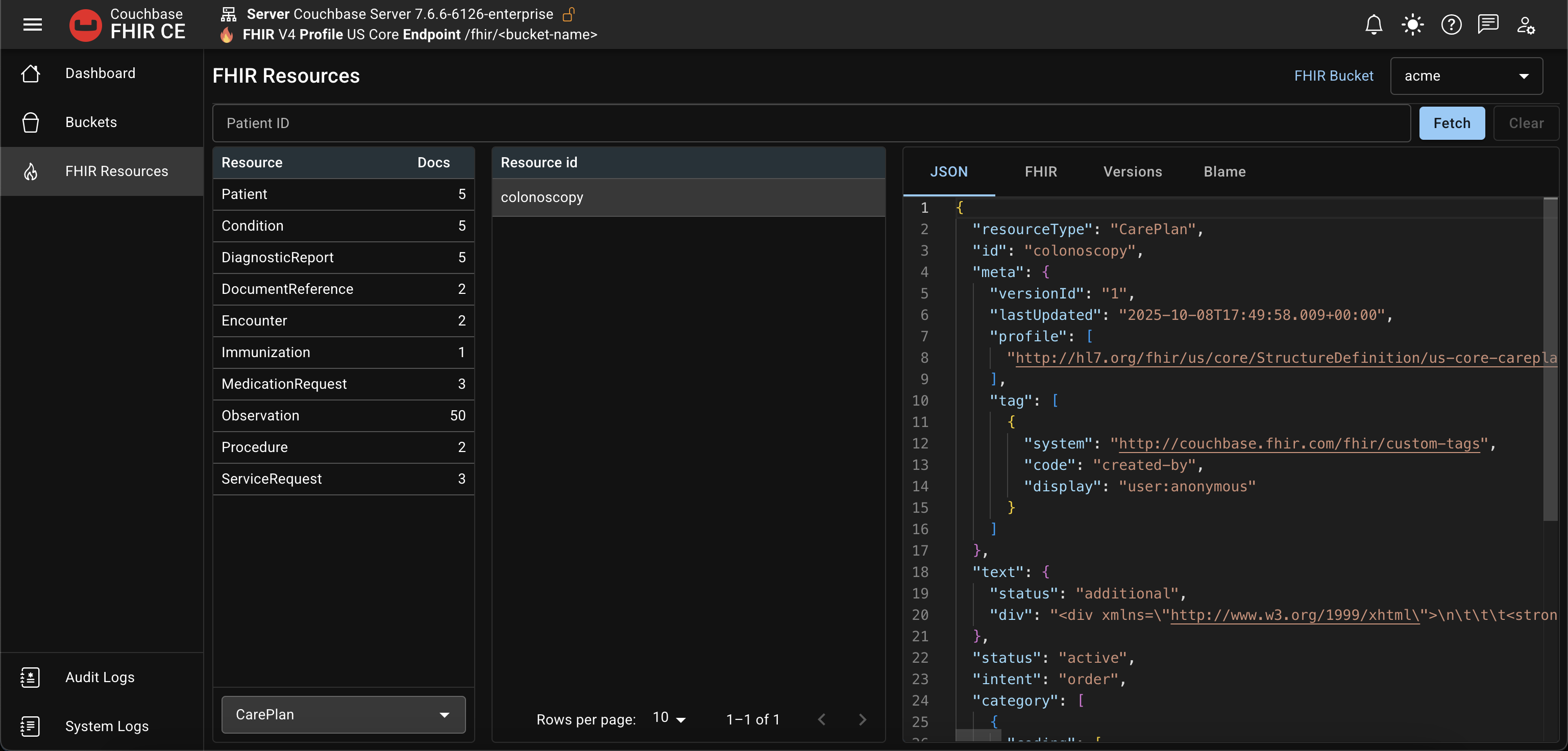 CarePlan resource IDs listed