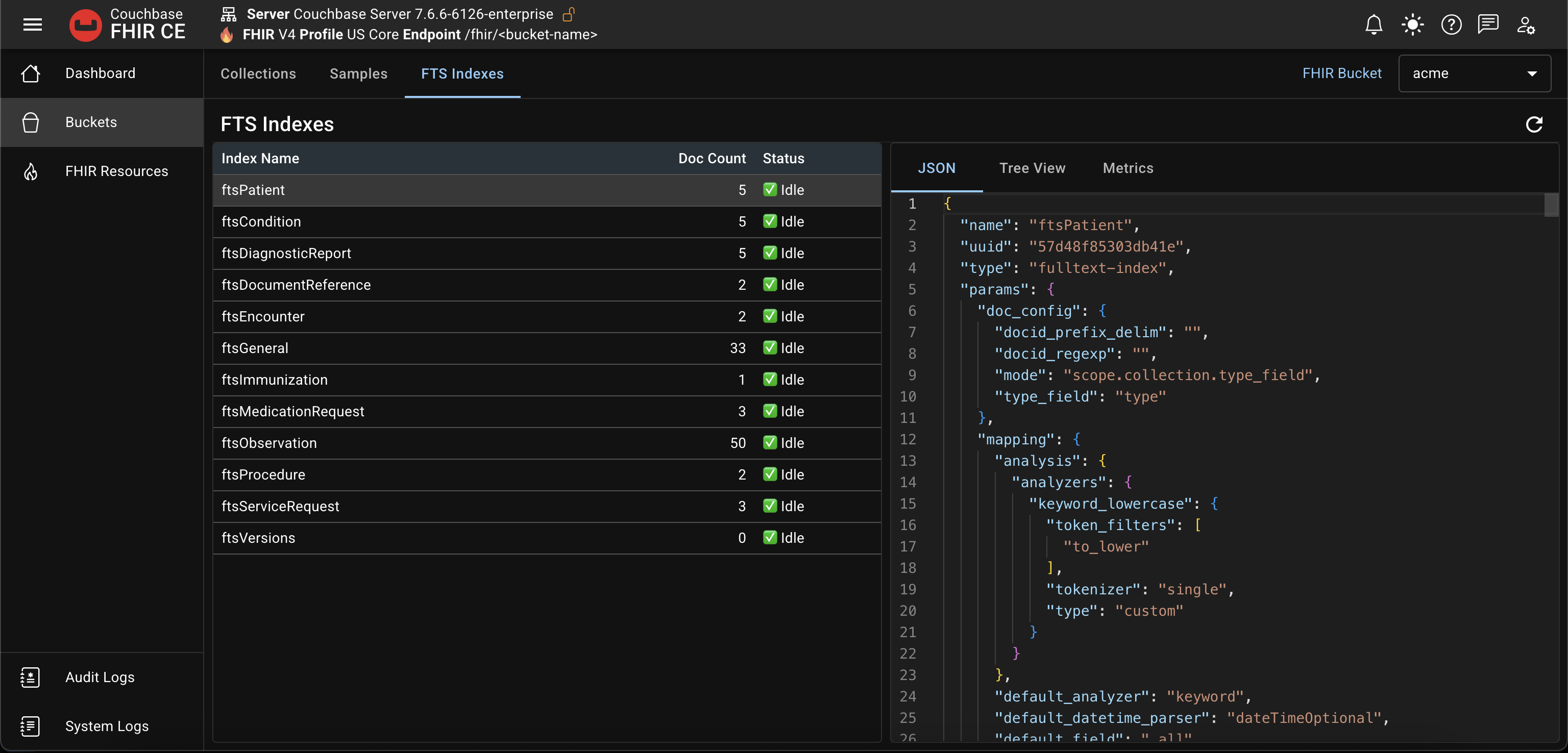 List of FTS indexes for the FHIR bucket