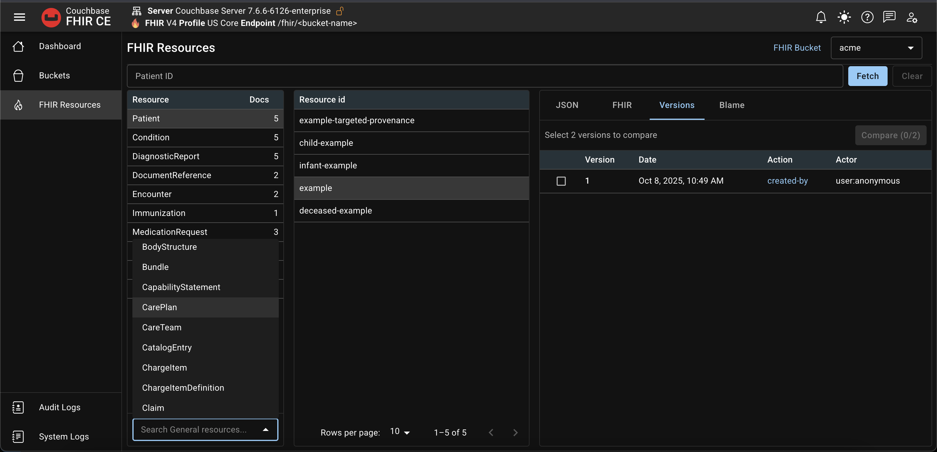 Select any FHIR resource type from the General collection